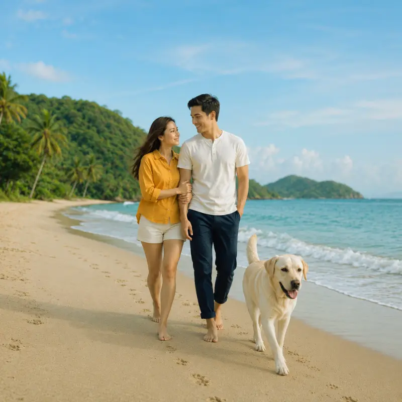 dog and couple walking which represents good boy life insurance agents being local near me or you financial advisors who are protective loyal and loving