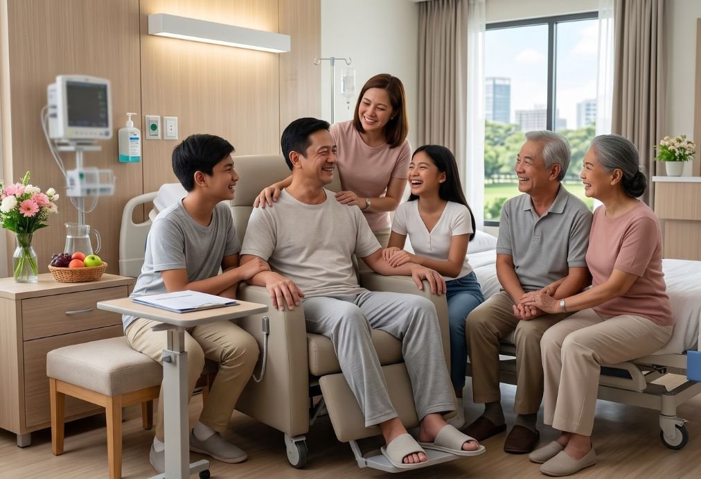 a happy family in a hospital setting which represents having life insurance with critical illness coverage and why your bpo health card isn't enough